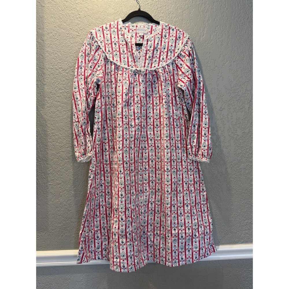 Lanz of Salzburg Womens Small Flannel Nightgown Floral Heart Stripe Lace Trim S